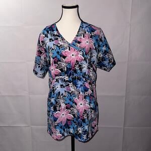 Remedy floral pink and blue short sleeve scrub top women’s size medium
